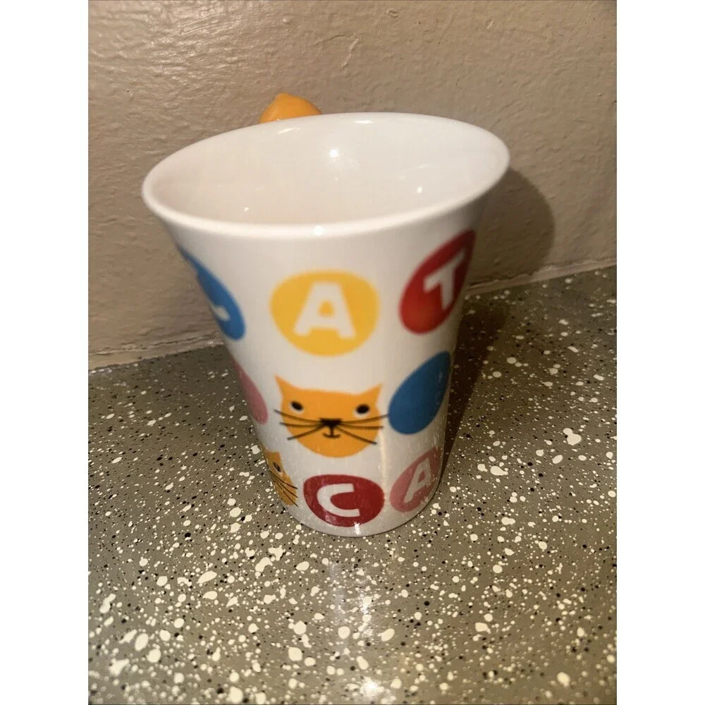 Indra Stoneware‎ Cat Coffee Mug Vintage With Cat On Handle Hand Painted Colorful